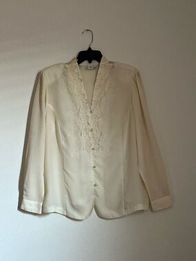 Classic Cream Lace-Trim Blouse